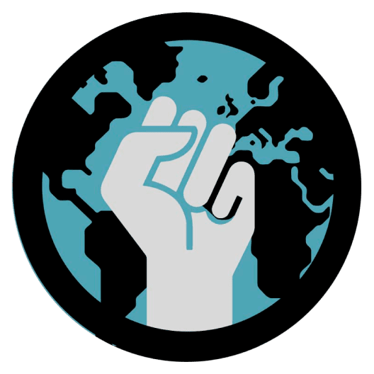 A stylized fist is raised in front of a globe, symbolizing global solidarity or activism. The image uses black, blue, and white colors with a gray background.