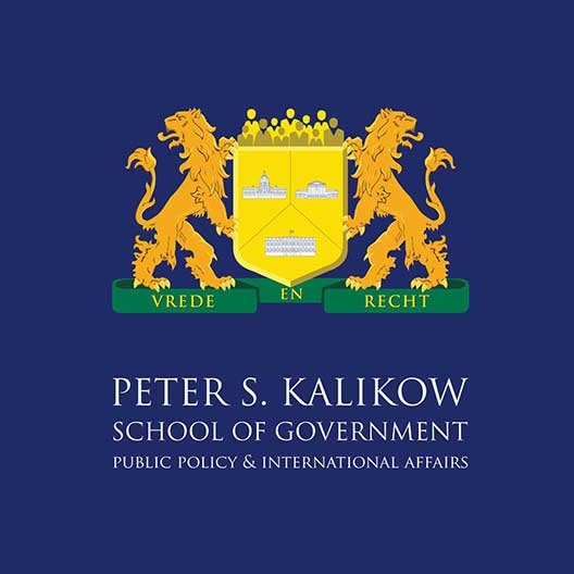 A crest with two gold lions and a shield, motto Vrede en Recht below. Text: Peter S. Kalikow School of Government, Public Policy & International Affairs on a dark blue background.