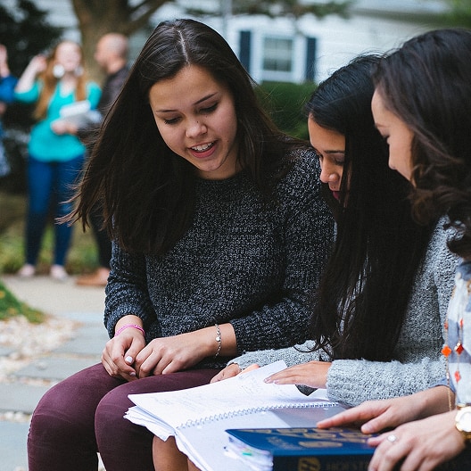Three young women sit together outside, looking at and discussing notes in an open notebook. They appear to be studying or working on a project. Other people are visible in the blurred background.