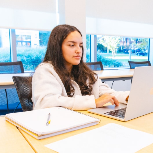 A young woman sits at a desk in a bright classroom, working on a laptop. A notebook, pencil, and sheet of paper are on the table beside her. Large windows in the background let in natural light.