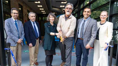 Celebrating the opening of Hofstra’s Aerodynamics Research Facility on October 21, 2026, from left: Sina Rabbany, dean of the Fred DeMatteis School of Engineering and Applied Science; David Rooney, professor of engineering; Hofstra President Susan Poser; alumnus and trustee Michael P. Delaney ’85, whose generosity made the facility possible; John Vaccaro, associate professor of engineering; and Laine Norton, senior vice president for development and alumni affairs.