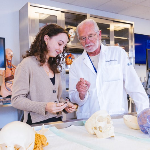 A female student and an older male instructor in a lab coat examine human skull models together in a bright classroom with anatomical models and diagrams in the background.